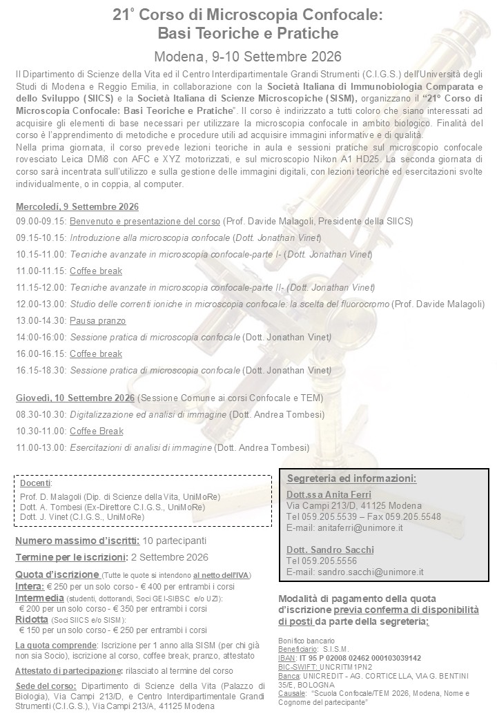 Locandina del 21&deg; Corso di Microscopia Confocale, con programma, docenti, iscrizioni e sede a Modena